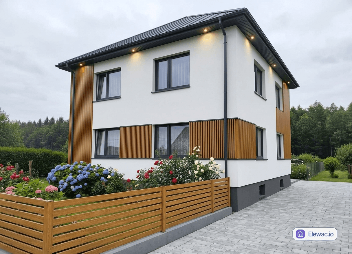 Przestarzały dom z kamienia przekształcony w minimalistyczną rezydencję. Biały tynk z eleganckimi pionowymi lamelami drewnianymi w kolorze dębu. - po remoncie