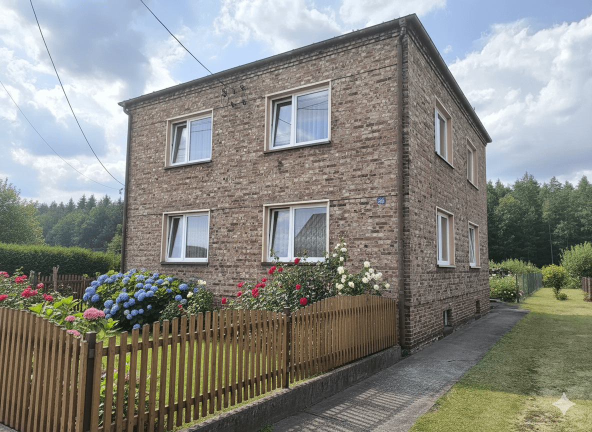 Przestarzały dom z kamienia przekształcony w minimalistyczną rezydencję. Biały tynk z eleganckimi pionowymi lamelami drewnianymi w kolorze dębu. - przed remontem