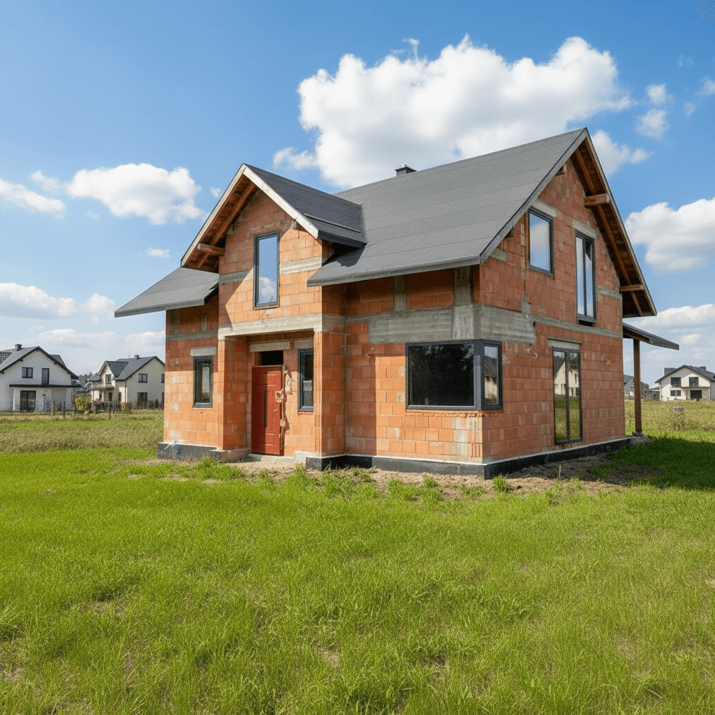 Od pustego szkieletu do kompletnej wizji. Elegancka kompozycja kremowego tynku z jasnoszarą cegłą klinkierową w strefie wejściowej. - przed remontem