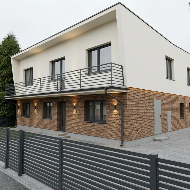 Wizualizacja AI: Dwukolorowa kompozycja łącząca białą górną kondygnację z ciepłą cegłą klinkierową na parterze. Grafitowe balustrady dodają nowoczesnego charakteru.