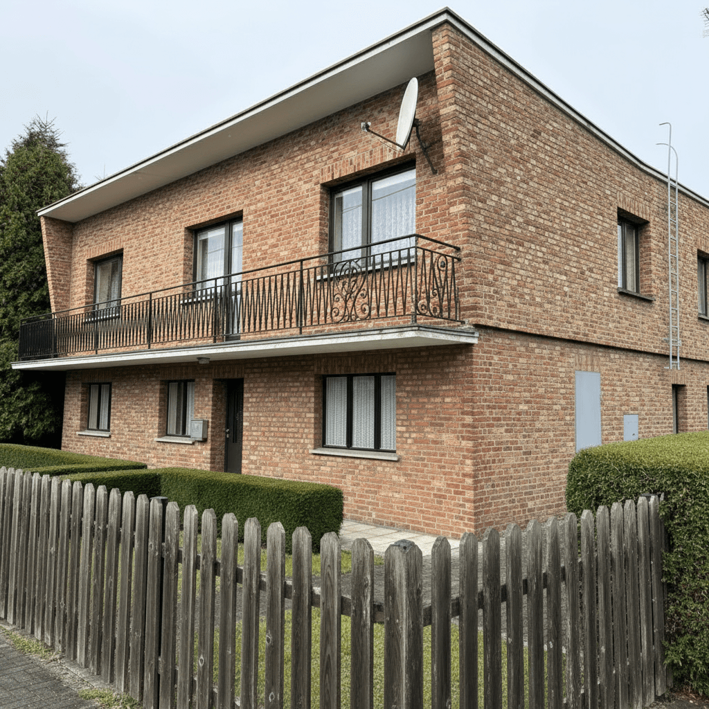 Dwukolorowa kompozycja łącząca białą górną kondygnację z ciepłą cegłą klinkierową na parterze. Grafitowe balustrady dodają nowoczesnego charakteru. - przed remontem