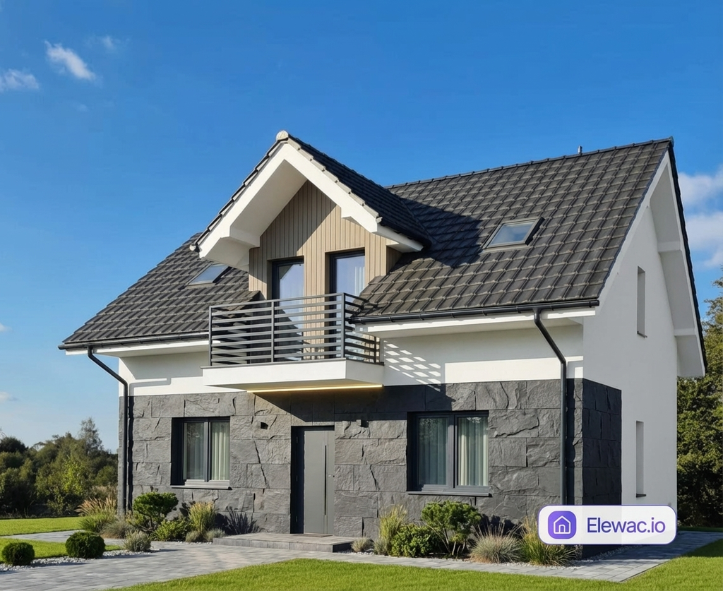 Elegancka metamorfoza z grafitowym kamieniem łupkowym na cokole i delikatnym akcentem drewnianym w strefie poddasza. Dominująca biel rozjaśnia całość. - po remoncie