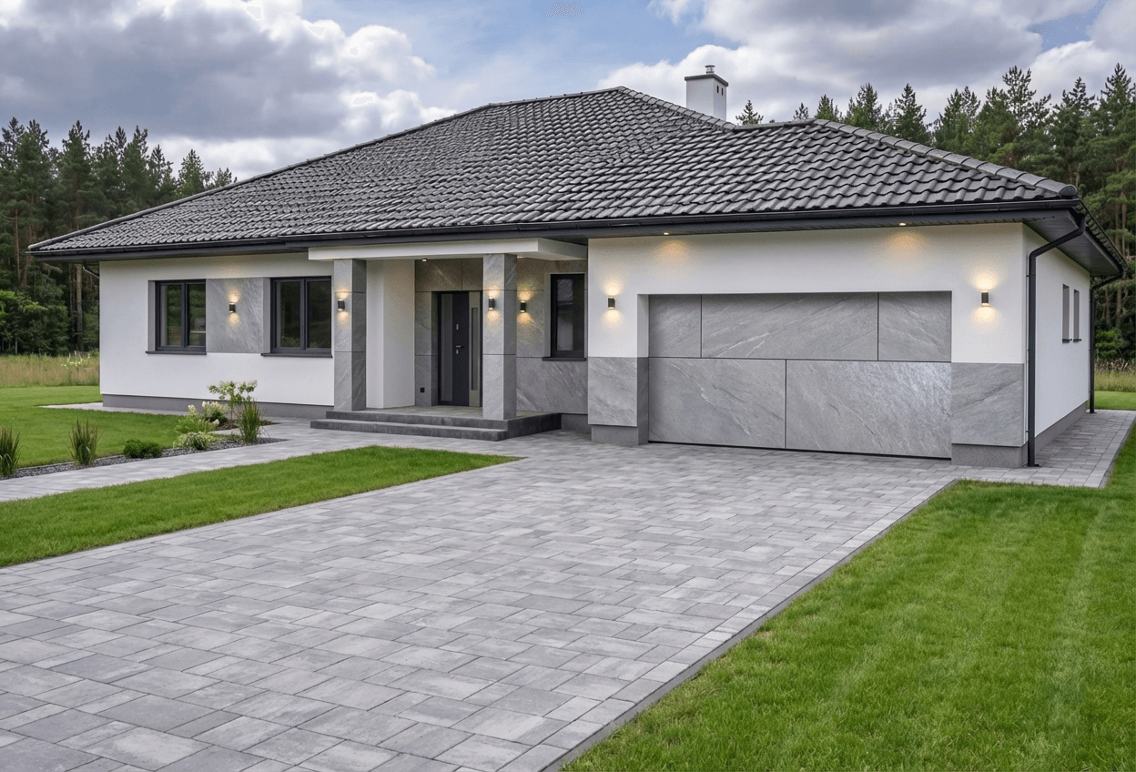 Styl elewacji: Biały Tynk z Srebrzystym Fornirem Kamiennym