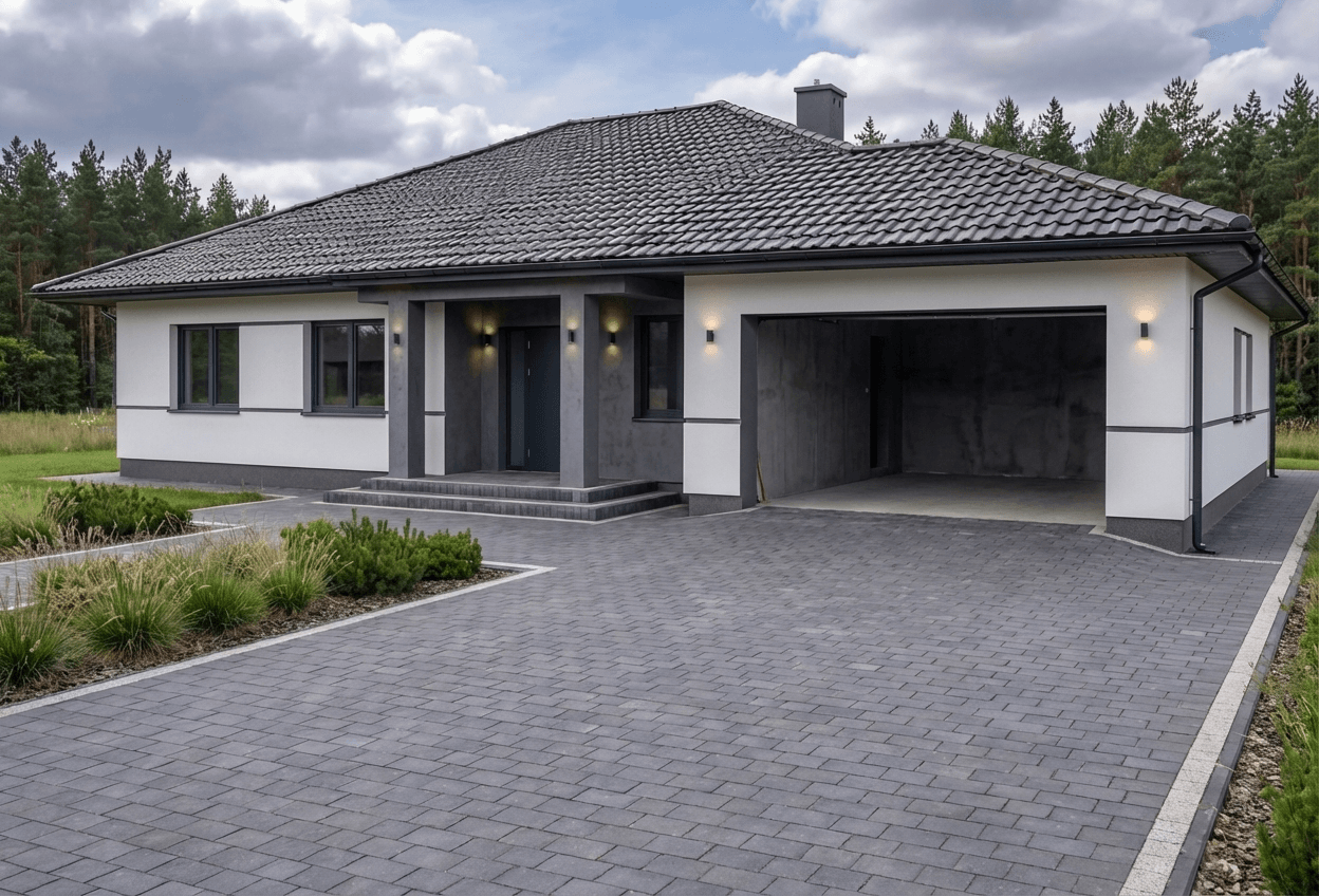 Styl elewacji: Biały Tynk z Grafitowym Betonem