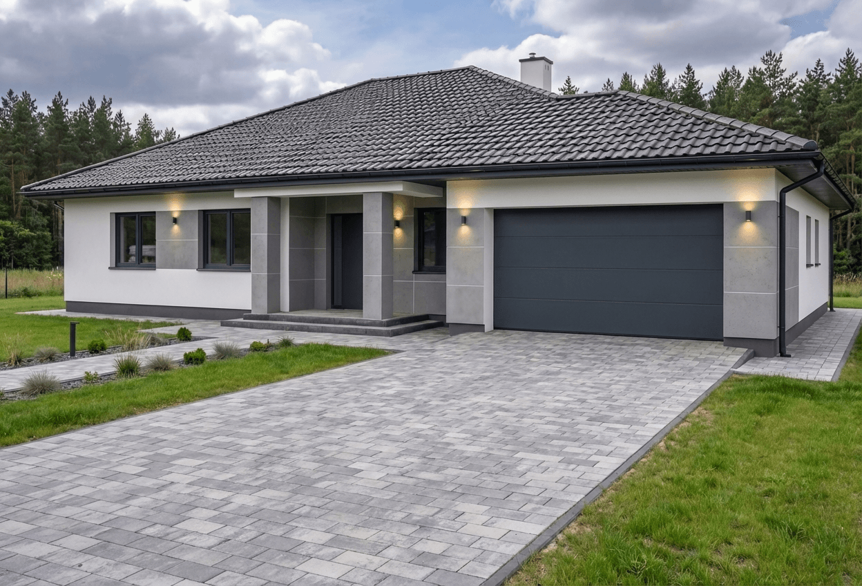 Styl elewacji: Biały Tynk z Szarymi Płytami Betonowymi