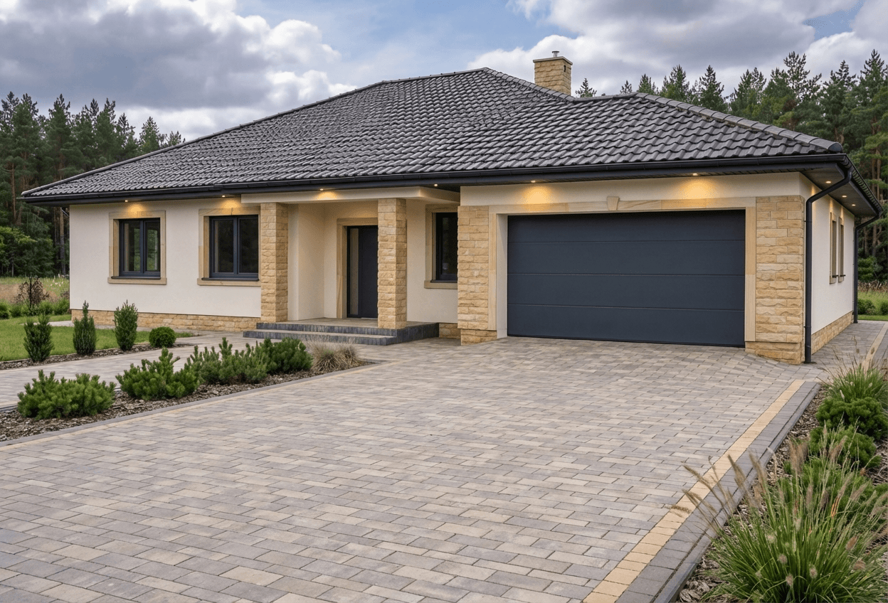 Styl elewacji: Ciepły Piaskowiec + Biały Tynk