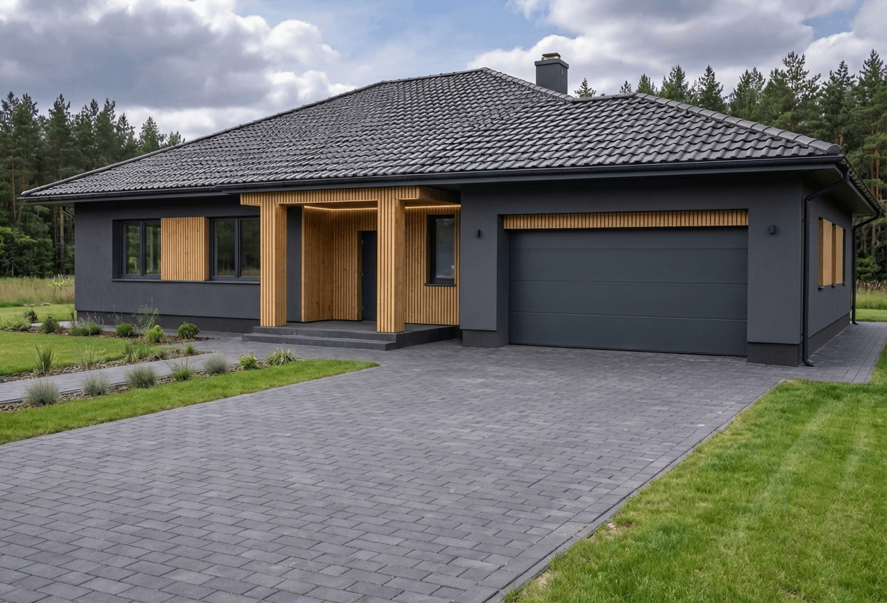 Styl elewacji: Czarny Tynk + Jasne Pionowe Lamele