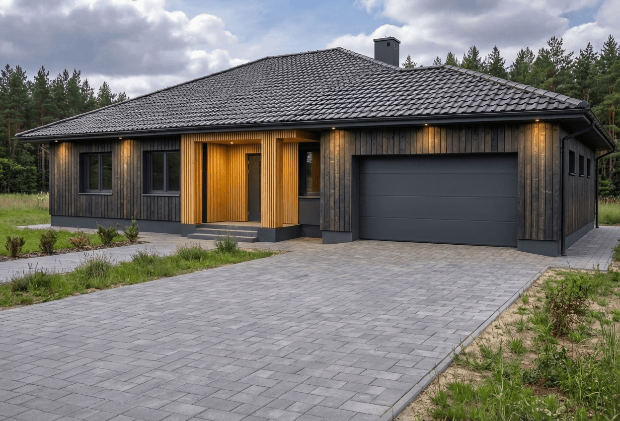 Styl elewacji: Opalane Drewno z Dębowymi Lamelami i Ciemnym Tynkiem