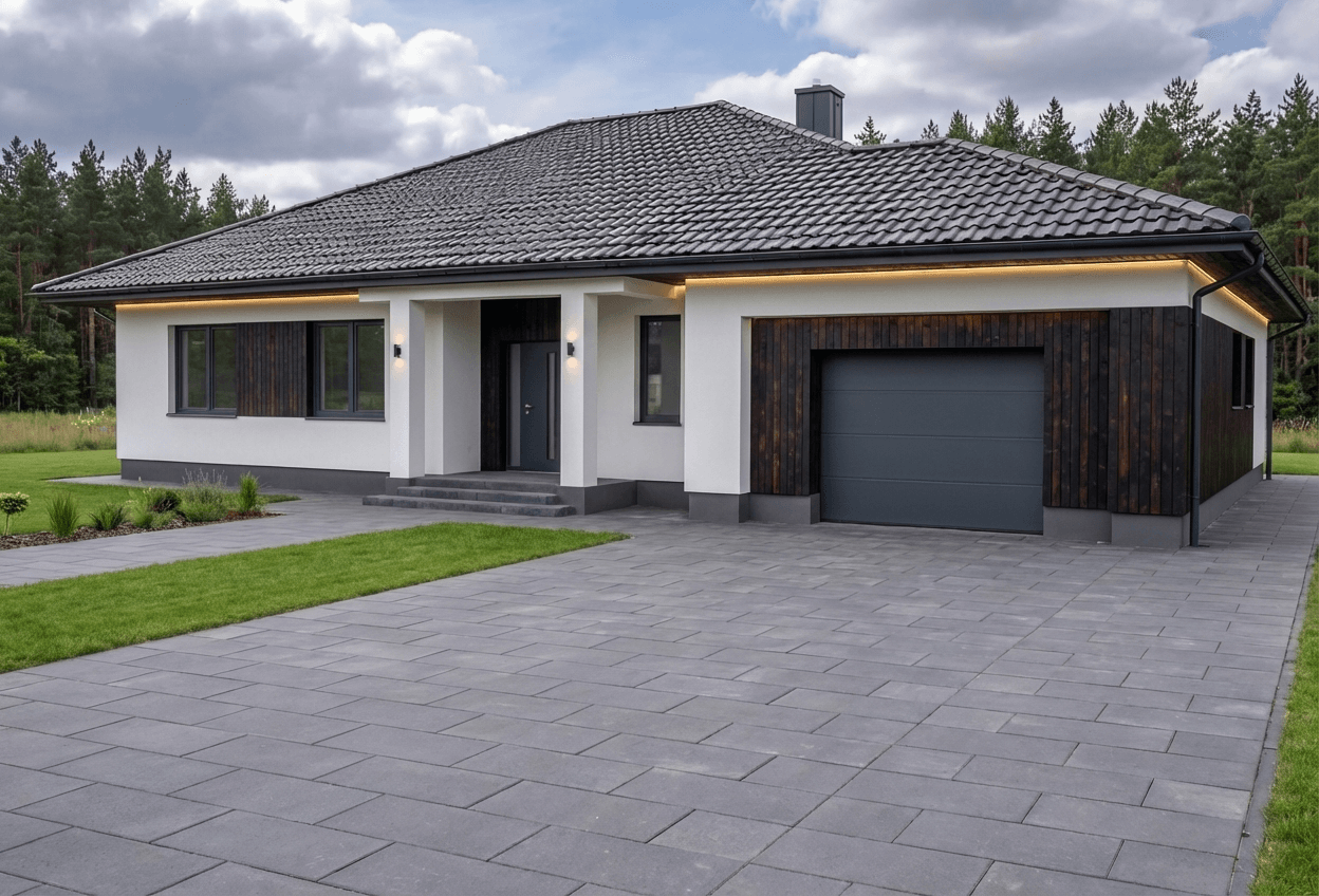 Styl elewacji: Opalane Drewno Shou Sugi Ban z Białym Tynkiem